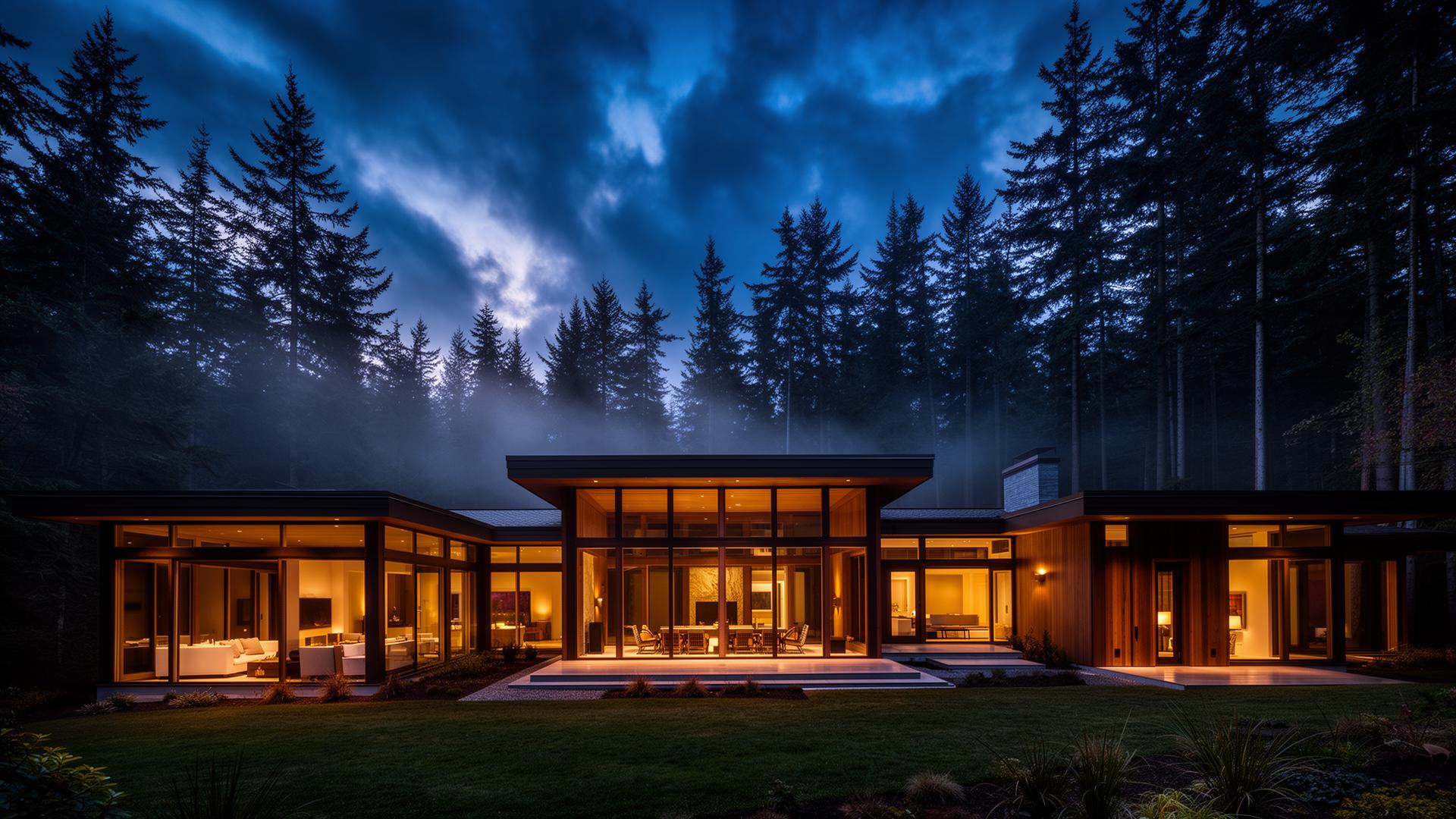 Modern Pacific Northwest home at twilight